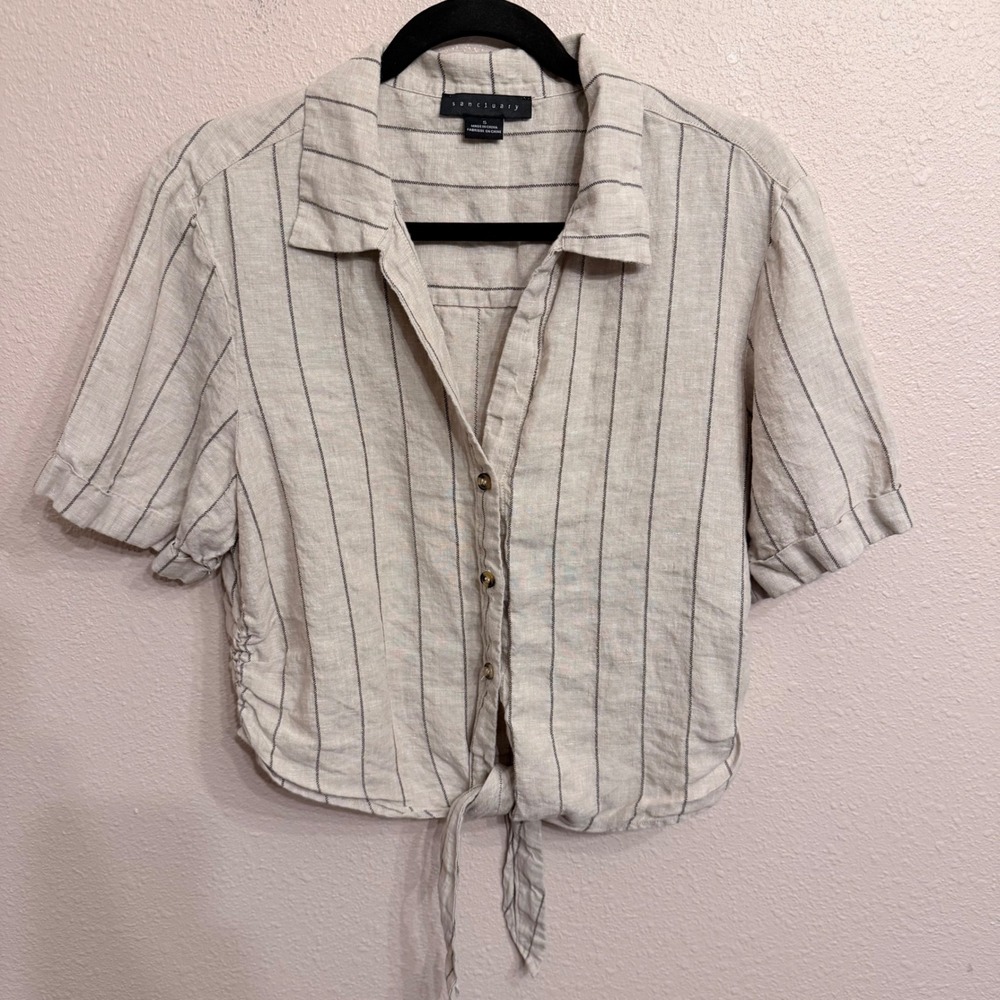 Sanctuary Linen Blend Striped Tie Front Crop Top Small CB2122AQ2 Beige Black
